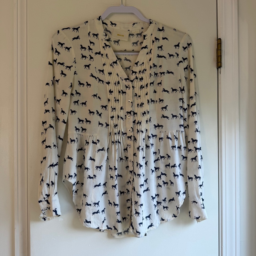 Maeve Anthropologie Horse Print Pintuck Pleated Button Down Blouse White Navy 0